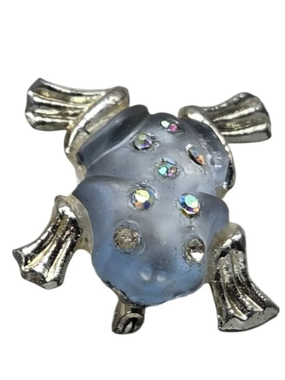Vintage Silver Tone Jelly Belly Frog Brooch Pin with Aurora Borealis Rhinestones